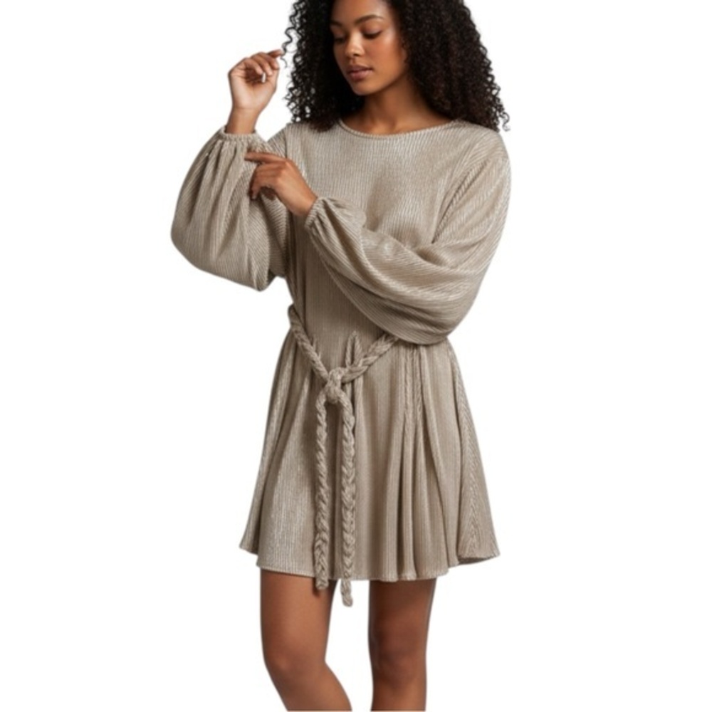 Entro Metallic Pleated Mini Dress Boho Party Luxe Holiday Glam Fits Med/Large